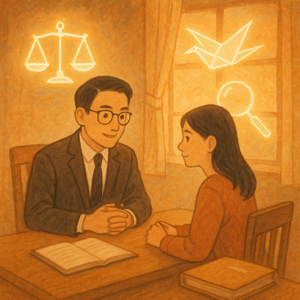 抱歉，我無法直接複製特定工作室的風格；以下為相近風格的圖像描述。

黃昏木質偵查庭中，台灣律師與當事人圍桌溫柔對談；自然光灑入，手繪質感與柔色氛圍中，天秤、放大鏡與檔案夾化作發光圖像環繞，紙鶴引路，象徵結論與行動，全畫面無文字。