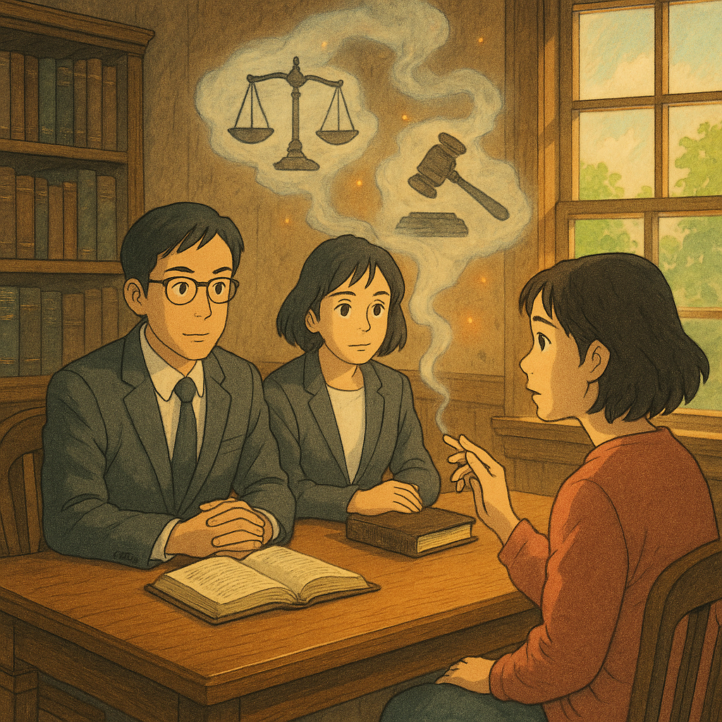 吉卜力風格高解析插畫：溫暖自然光與柔和色調下，兩位台灣人律師與委託人表情細膩在木質事務所對坐；手繪煙霧化作天秤、法槌與焦黑小屋輪廓，微光火星如螢漂浮，寫實又奇幻，無文字。