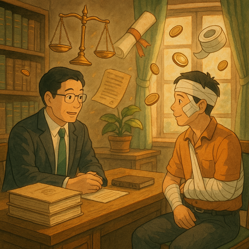 柔光灑入溫暖事務所，台灣律師與受輕傷民眾相談。吉卜力式手繪風中，漂浮天秤、卷宗、繃帶與硬幣象徵量刑與求償；自然色調、細節豐富，電影感構圖，帶奇幻暖意。