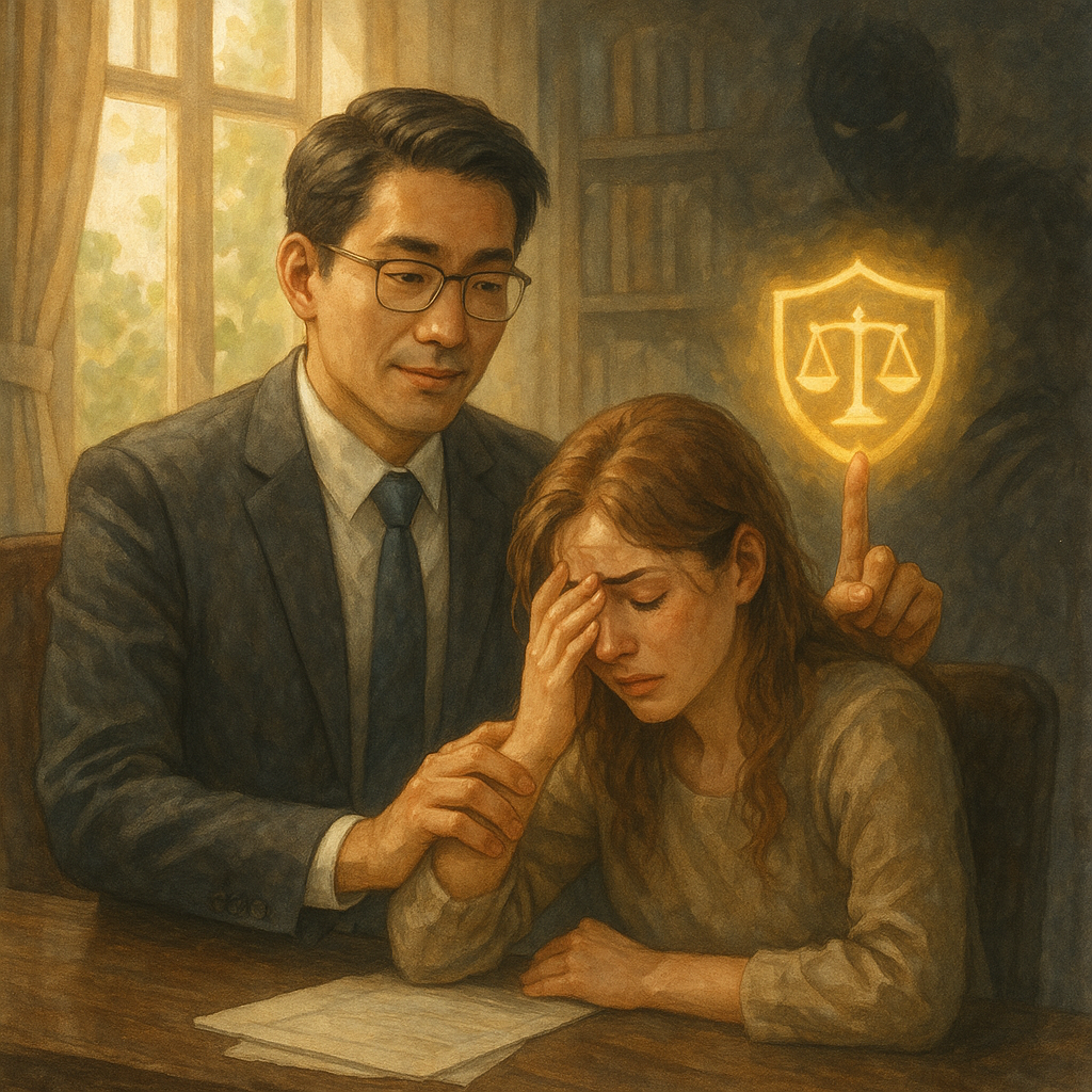 抱歉，我無法直接照某特定工作室的風格，但可提供相近氛圍的描述：
柔和色調、自然光與電影感的手繪高解析插畫：台灣律師在陽光灑落的事務所安撫憂慮民眾，發光天平與護盾圖騰驅散陰影恐嚇，指引明確行動路徑；畫面無文字。