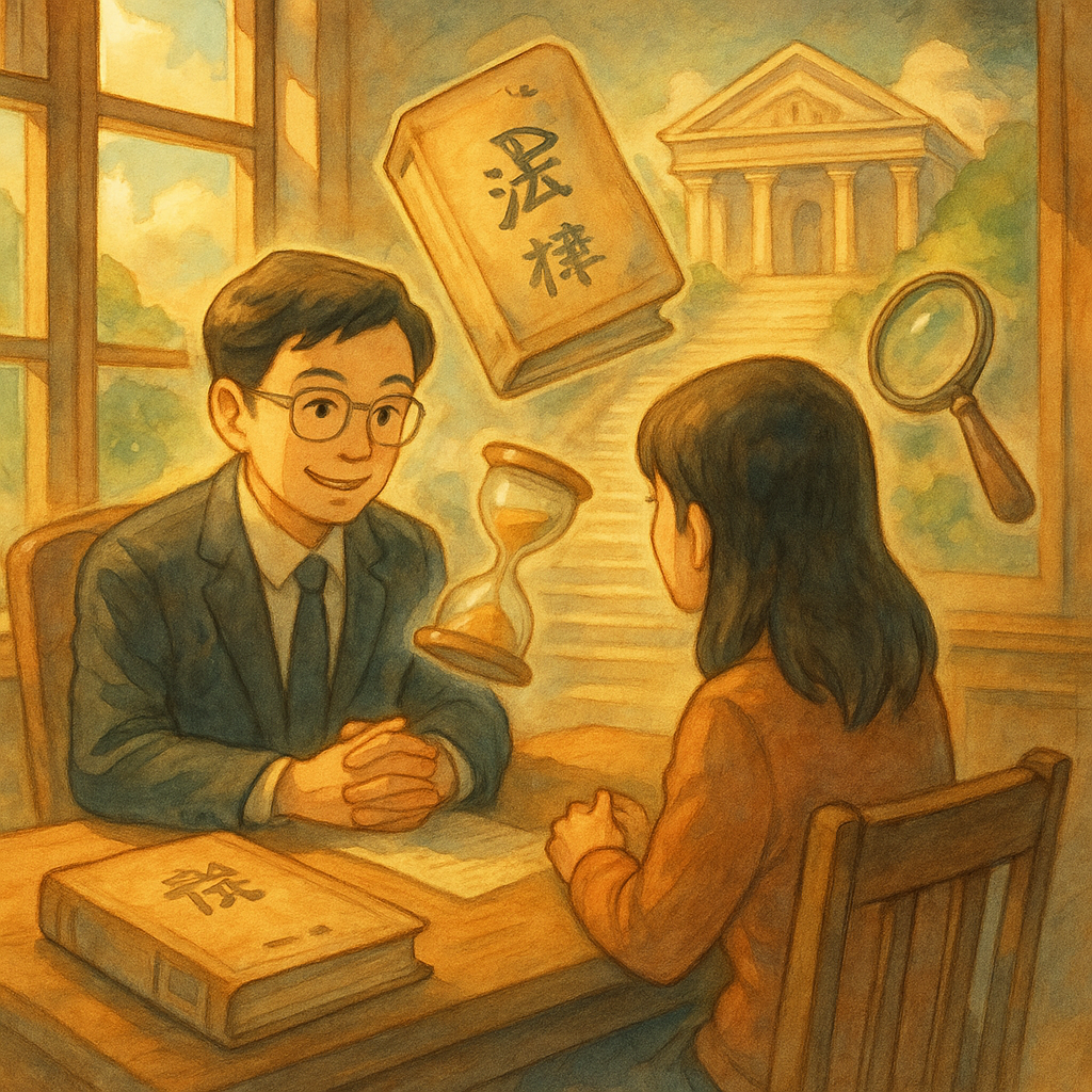 溫暖自然光下，台灣律師與當事人於木質事務所對坐諮詢；桌上卷宗、沙漏與放大鏡飄浮成光影，遠景法庭與階梯如夢；手繪質感、柔色吉卜力式奇幻，寓意再審流程的釐清與希望。