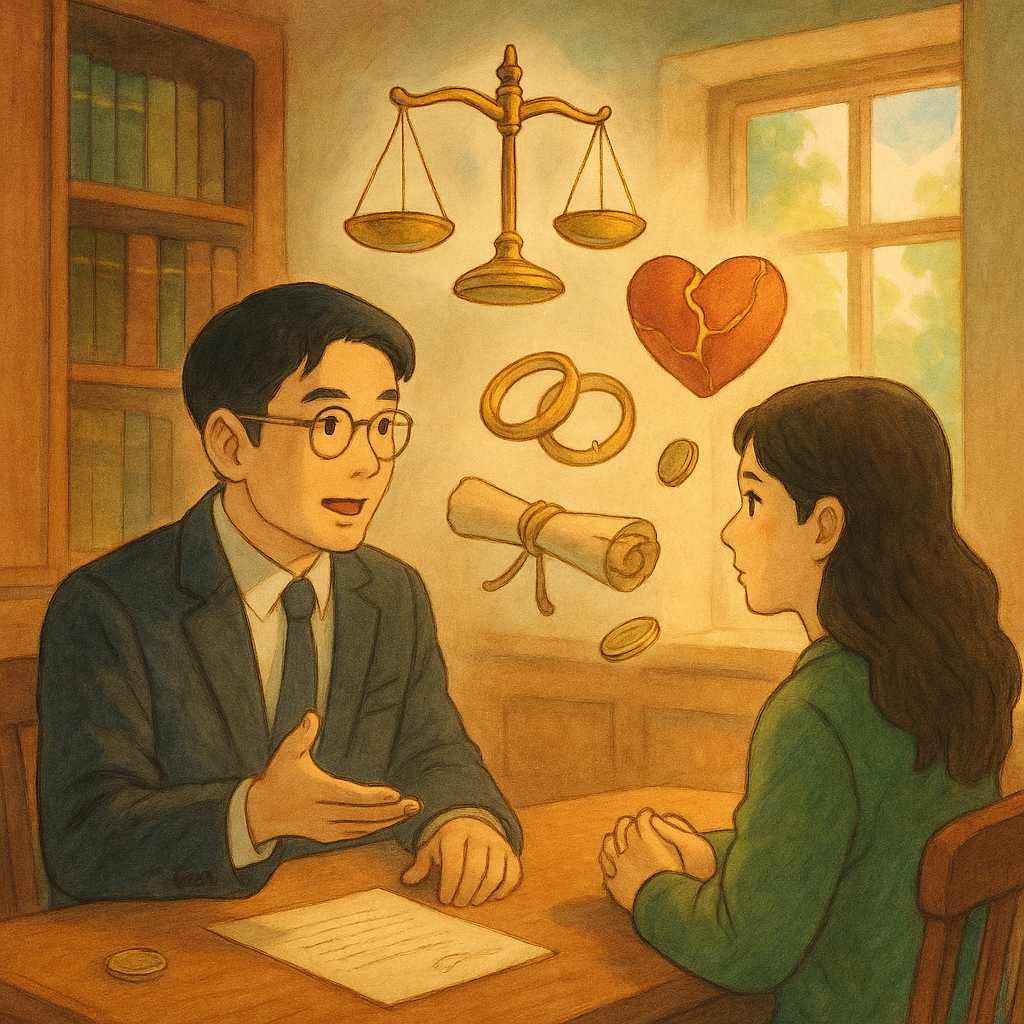 柔和色彩與自然光影下的木質律所裡，台灣律師與當事人對談；金色天秤、被金繕修補的裂心、婚戒與契約卷軸、硬幣在空中緩緩漂浮，手繪質感與吉卜力式奇幻氛圍交織，無文字。