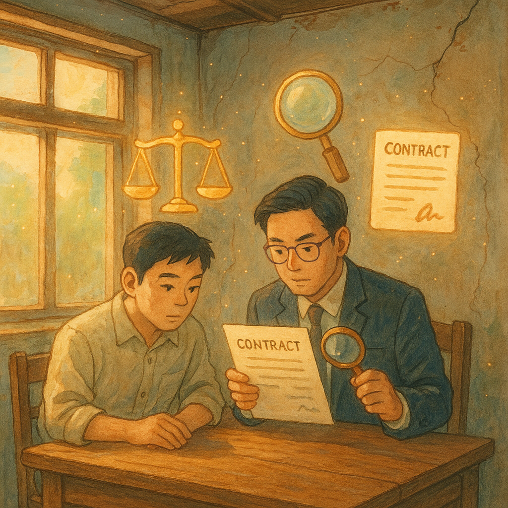 溫暖日光灑入台式老屋，牆角滲水與髮絲裂縫微現。兩位台灣人—屋主與律師—在木桌旁細察，周圍浮現發光的天平、放大鏡與合約圖示；手繪質感、柔色吉卜力風，電影感、寫意又療癒，微光粒子飄浮。