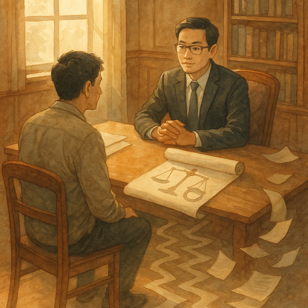 暖陽灑入木質事務所，台灣人律師與當事人沉著會談。桌上無字卷軸散發柔光，化作天秤與手銬影子，象徵拘提與權利。紙頁與落塵飄成路徑與迷宮，暗寓法律爭議與挑戰，整體手繪、柔色、自然光、富電影感、無文字。