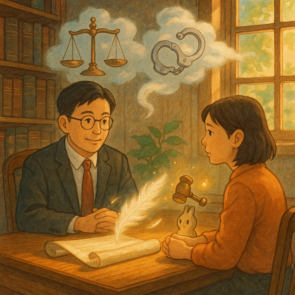 吉卜力氣質的高解析手繪質感插畫:台灣人律師與當事人於溫暖木質事務所對坐,柔光灑入。桌上無字卷軸化成光羽,天秤與手銬意象以雲霧漂浮,法槌化作小木精靈點亮微光,象徵拘提與法律諮詢的結論與希望。