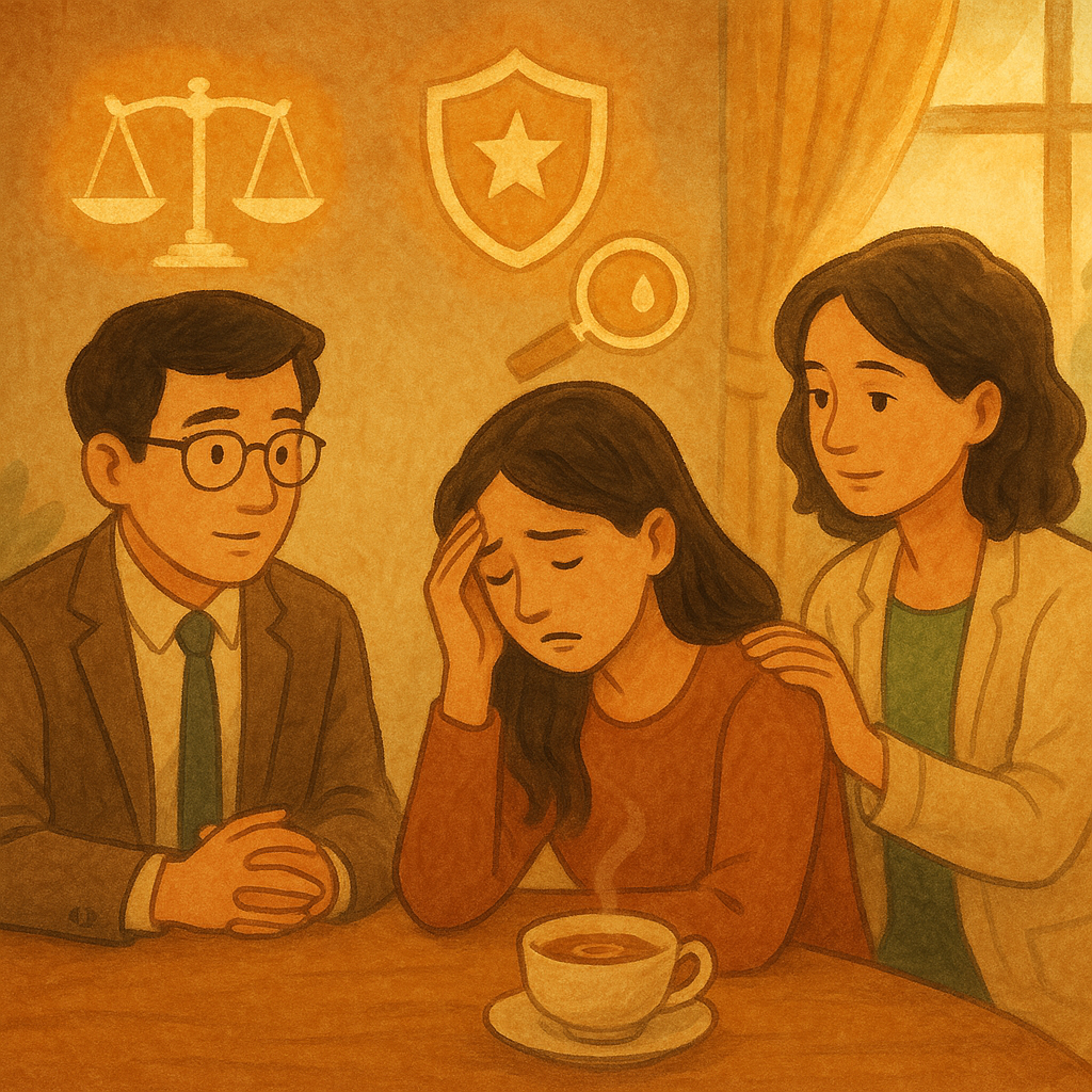 抱歉我無法直接複製特定工作室的風格，但可提供相近的溫暖手繪動畫質感。

暖色手繪場景中，台灣籍律師與諮商師溫柔傾聽受害者；窗外柔光灑落，桌上茶杯浮現微光渦紋與隱約滴液，旁有發光天平、盾牌與放大鏡圖像環繞，寓意下藥性侵的辨識與法律協助。