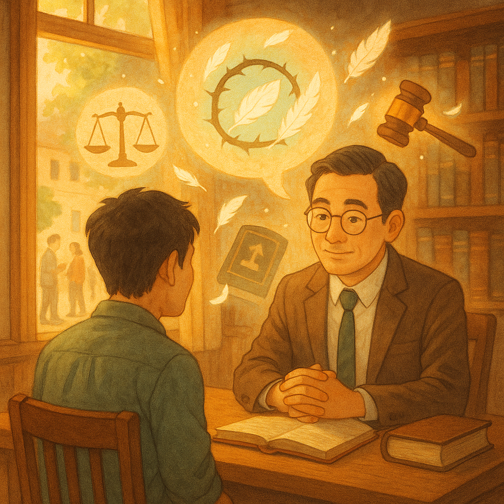 溫暖手繪動畫風,高解析,柔和色彩。陽光灑入木質事務所,台灣人律師溫和聆聽台灣人當事人;窗外廣場人影交談,漂浮的荊棘語氣泡化作羽毛,與天秤、法槌、法典圖示環繞,魔幻而療癒,無文字。