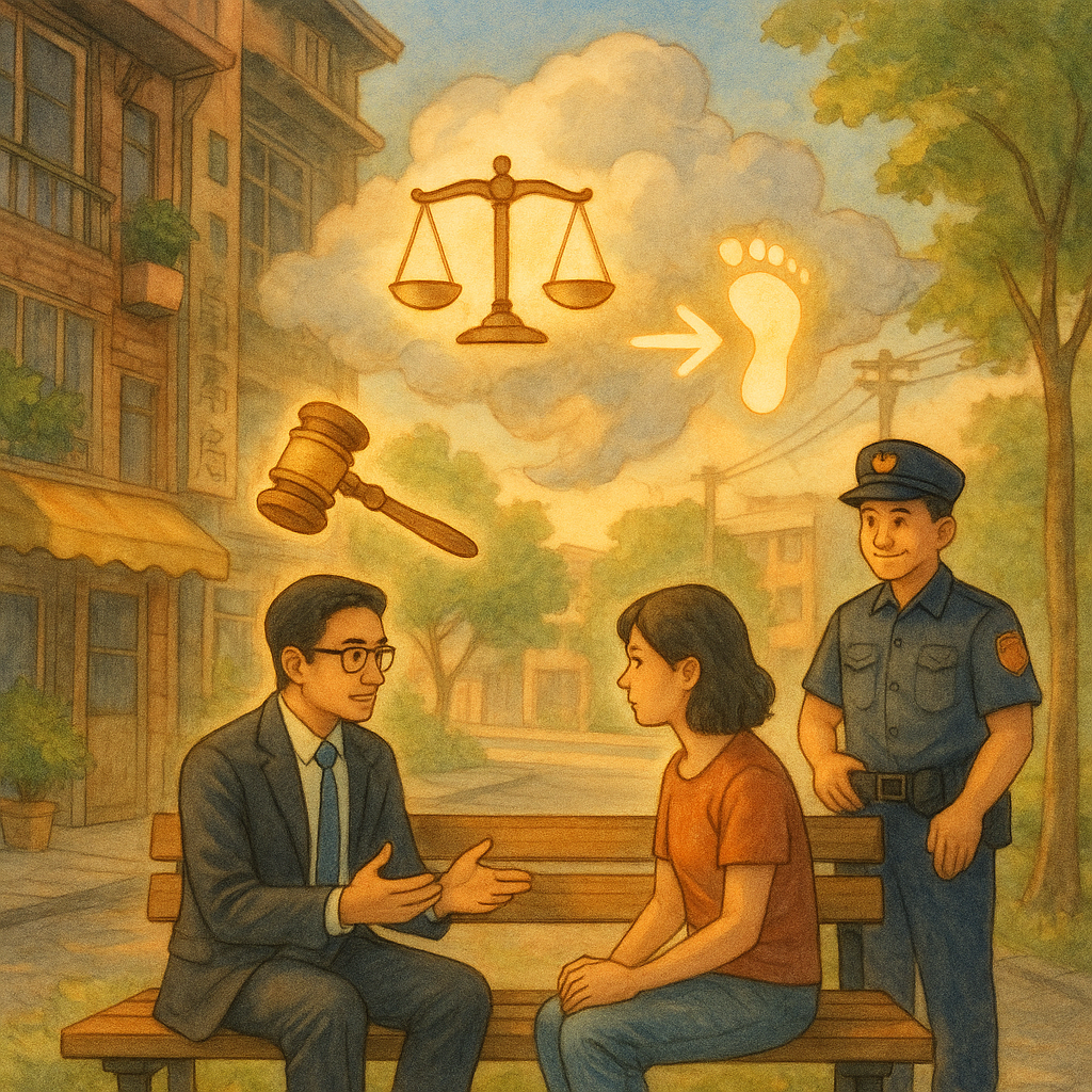 柔和自然光下的台灣街角,台灣律師與民眾在長椅沉穩諮商,親切警察旁守;空中漂浮天秤、法槌與發光腳印與箭頭象徵現場應對流程,半透明阻礙雲團被引導消散,細膩手繪質感、溫暖奇幻氛圍,畫面無文字。