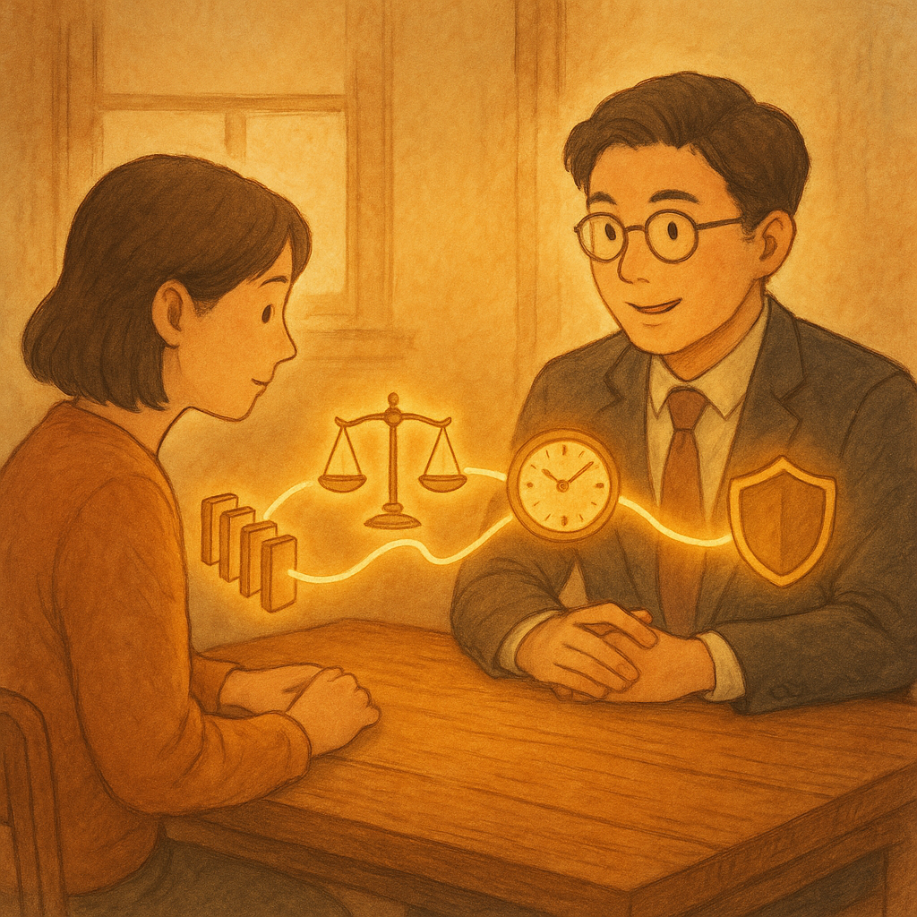 柔光下，台灣律師與客戶對坐木桌，手間浮現發光線條串連多米諾、天平、時鐘與盾牌，象徵因果關係、爭議與風險控管。暖色吉卜力風，手繪質感，無文字。