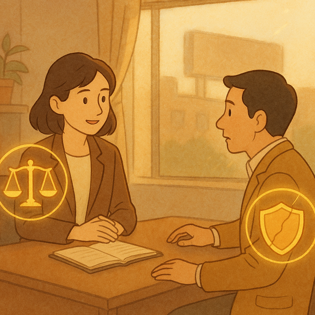 抱歉,我無法直接以該特定風格創作;以下提供相近的溫暖手繪動畫風描述:
溫暖手繪動畫風、柔和色調:午後自然光下,台灣律師與企業主諮詢;天平與盾牌微光環繞,遠處無字招牌黯淡、金色光環微裂,象徵商譽受損與結論的修復方向。