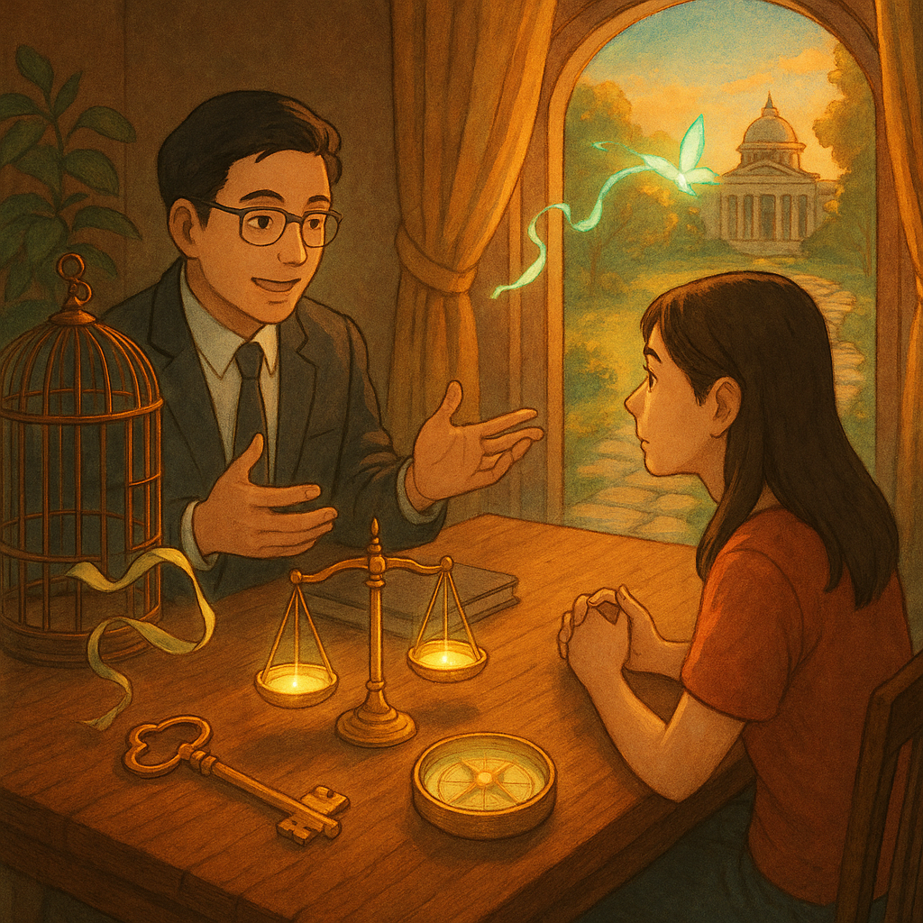 溫柔自然光下，一位台灣律師與台灣當事人於木桌諮詢，桌上天平、鑰匙與羅盤發光；一旁鳥籠敞開、斷裂絲帶化作螢光蝶，引領通往法院的石徑。吉卜力風高解析手繪質感，暖色、奇幻電影感，畫面無文字。
