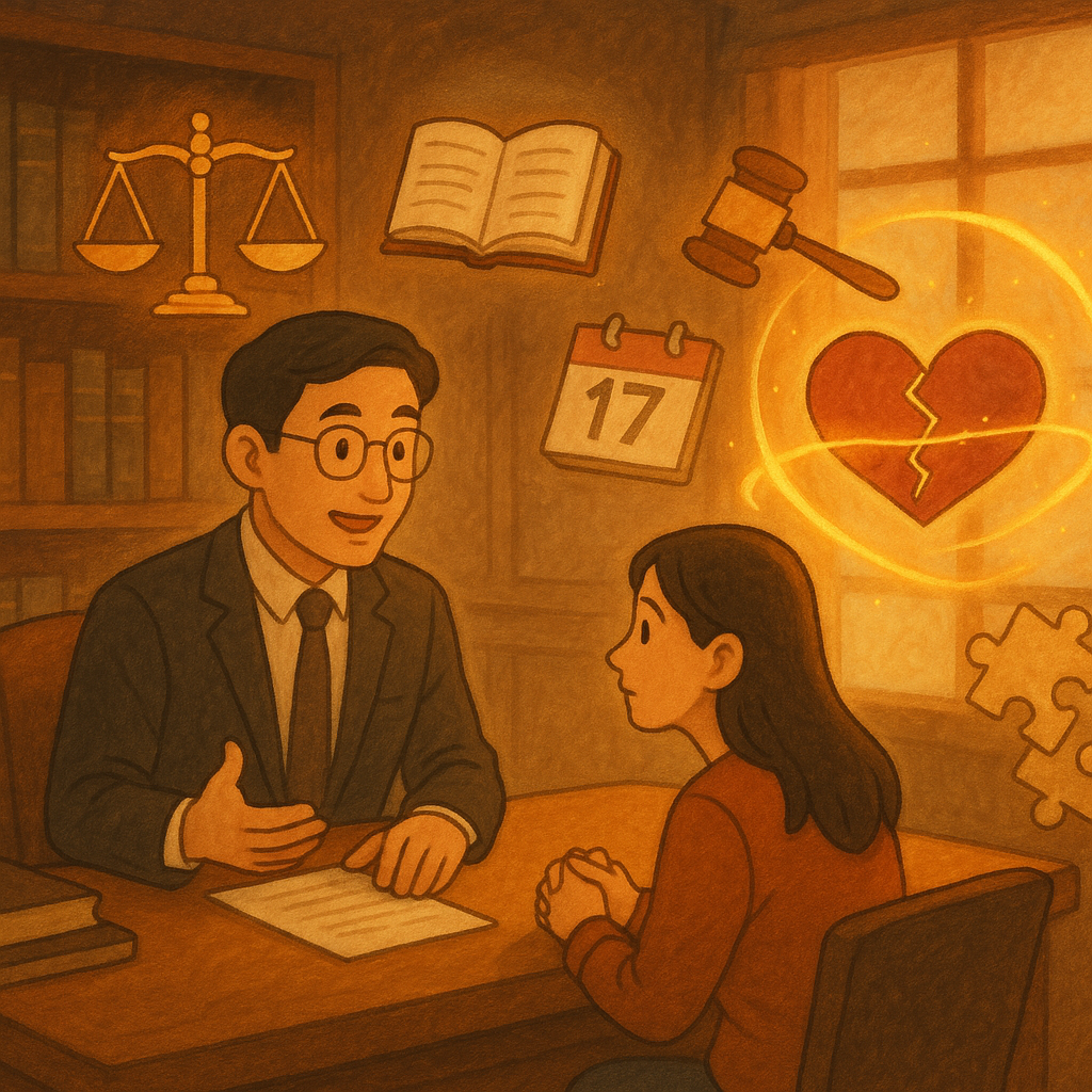 抱歉，我無法直接採用特定工作室的風格；改以通用溫暖奇幻手繪動畫風：
台灣律師與當事人在木質辦公室諮詢，暖色自然光與手繪質感瀰漫，具電影感；天秤、法槌、日曆與拼圖漂浮，象徵爭議點與程序策略；縫合的破碎心被金色光帶環繞，寓意通姦除罪後求償；無文字。