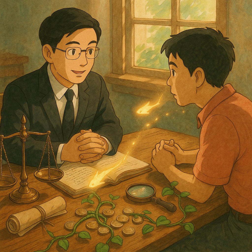 吉卜力風格高解析插畫：台灣人律師與民眾在木桌諮詢，柔光灑入。桌面散落天平、放大鏡、卷宗與硬幣，硬幣被藤蔓纏繞象徵貪污，光魚引路成案例脈絡。手繪質感、溫暖奇幻，畫面無文字。