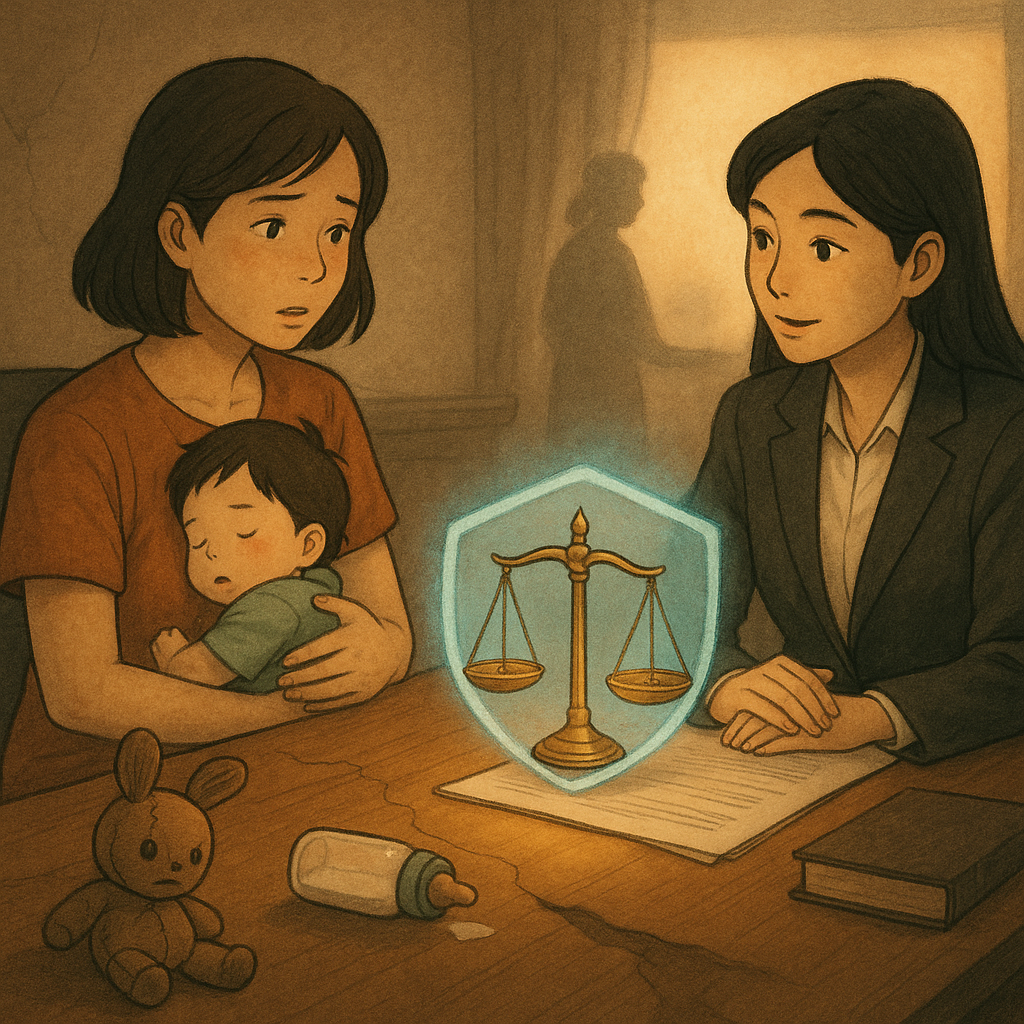 柔光下，台灣母親抱著孩子坐在律師桌旁，台灣女律師傾聽。桌上天秤微光浮現成護盾環繞；角落裂痕玩偶與傾倒奶瓶投下陰影，遠處朦朧保母剪影退於光外。手繪質感、吉卜力式魔幻暖調、電影感構圖，無字。