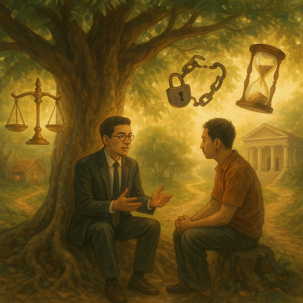 溫暖奇幻的手繪場景：台灣律師與當事人在榕樹下諮詢，柔光灑落。身旁漂浮天秤、解開的鎖鍊與沙漏，前方分岔小徑通往療養小屋與法院階梯，象徵勒戒與緩起訴。無字畫面、細膩質感、電影感。