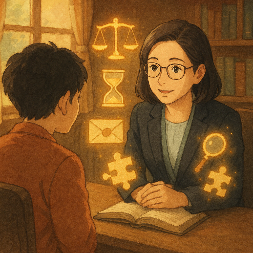 溫暖木質諮詢室裡，一位台灣人律師與當事人低聲交流，表情溫柔專業；柔色窗光灑落，漂浮的天秤、沙漏、放大鏡、封緘信與拼圖化作微光，象徵舉證、時效與爭議處理；吉卜力風手繪、高解析度、無文字。