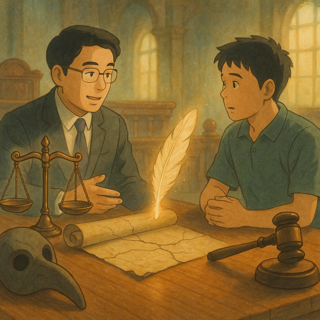 柔和自然光的吉卜力風,高解析手繪場景:台灣人律師與證人在木桌諮詢,桌上漂浮天秤、發光羽毛筆與裂痕卷軸,陰影長鼻面具暗示偽證罪;法槌與法庭背景微光瀰漫,溫暖而魔幻,畫面不含文字。