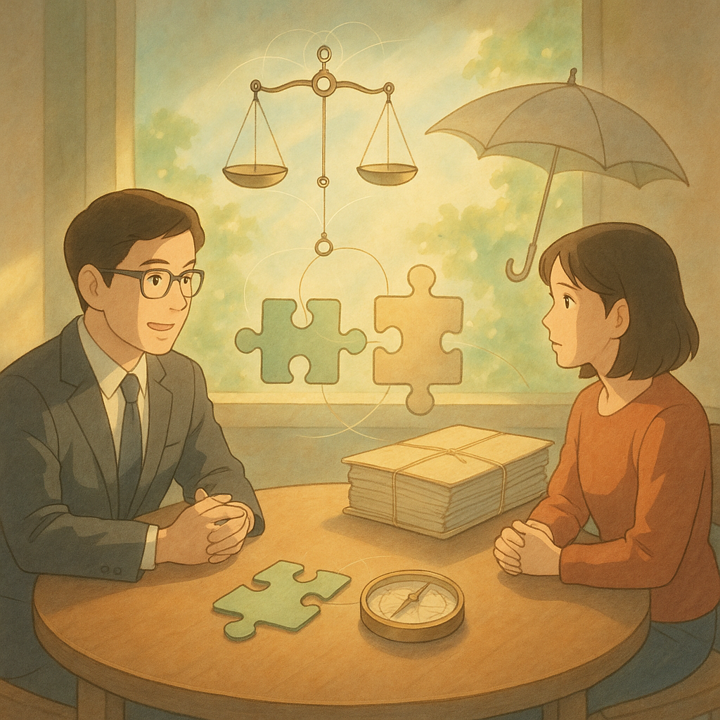 吉卜力般柔光下，台灣律師與當事人圓桌會議；天光映照浮動天秤、交扣拼圖與連結絲線，象徵共同正犯與爭點；傘影庇護卷宗與指南針，寓意風險管理；畫面無文字。