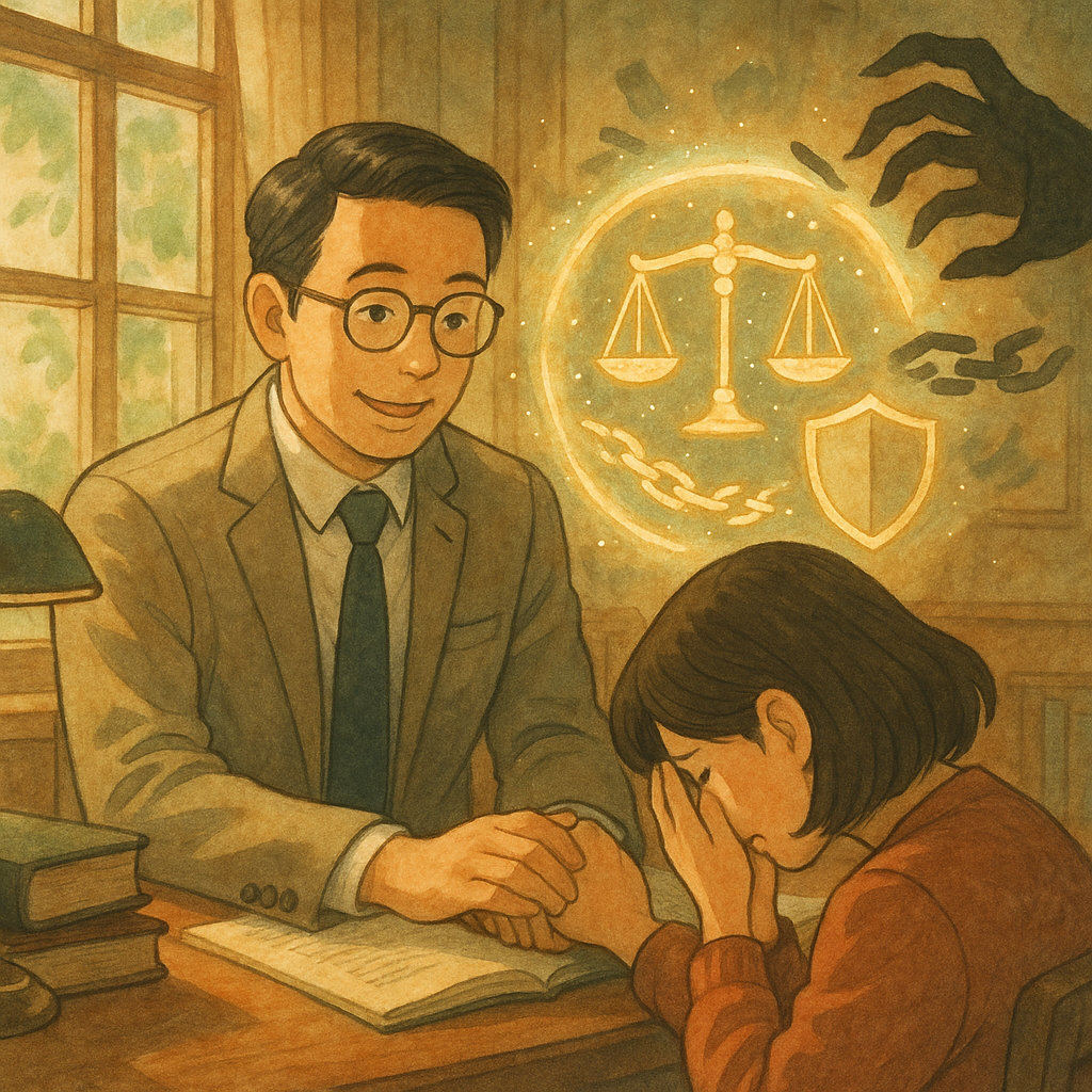 吉卜力風格溫暖場景：台灣人律師在陽光木質事務所，安撫當事人，營造法律諮詢氛圍。柔光中浮現天秤、盾牌與破碎鎖鏈等象徵，化作螢光環繞，抵禦暗影之手；手繪質感、柔色自然光，兼具現實與童話的沉浸感。