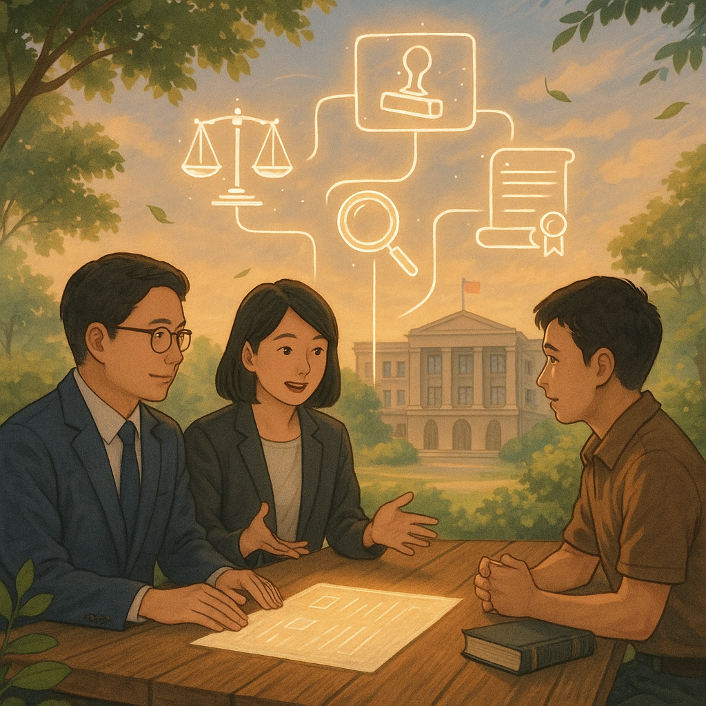 柔光下,兩位台灣人法律顧問與民眾在木桌前討論,手繪紙張化作發光的流程圖標:天平、印章、放大鏡、檢核方框、公文卷軸與書冊,連結至遠處溫暖的行政大樓;綠植與微風營造吉卜力式奇幻寫實氛圍,無文字。