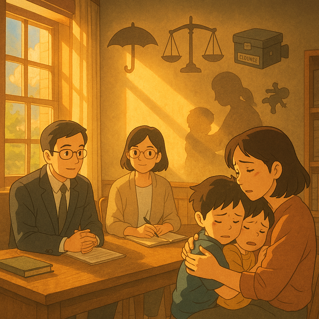 吉卜力風格溫暖光影中，台灣律師與社工在木質事務所溫柔諮詢，一對台灣父母擁抱受驚孩童。天光化作守護傘與天秤、證物盒與錄影機圖騰漂浮，暗牆投出保母身影與破裂玩偶影，寓意調查與保護，畫面無文字。