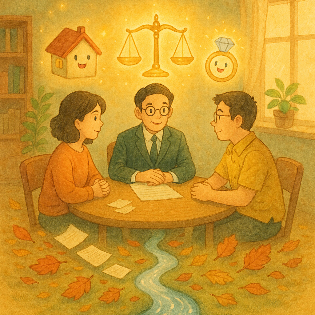 吉卜力風的溫暖場景：柔光與柔和色彩灑入事務所，台灣夫妻與台灣律師圓桌對談。手繪質感中，發光天平、房屋與戒指精靈環繞，文件化作落葉流入分岔小溪，又在前方匯合，象徵夫妻財產分割的公平與圓滿。