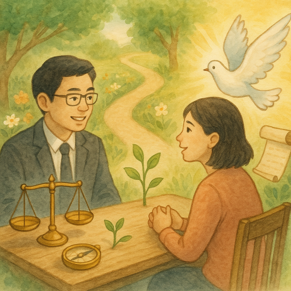 抱歉，我不能直接用特定在世創作者的風格；以下是相近風格的圖片描述：

柔和自然光下，台灣人律師與當事人溫暖對談，桌上天秤、羅盤與發芽枝葉；前方分岔小徑一側通往療癒花園象徵勒戒，另一側化作輕盈光鴿與卷軸象徵緩起訴，手繪質感童話氛圍。