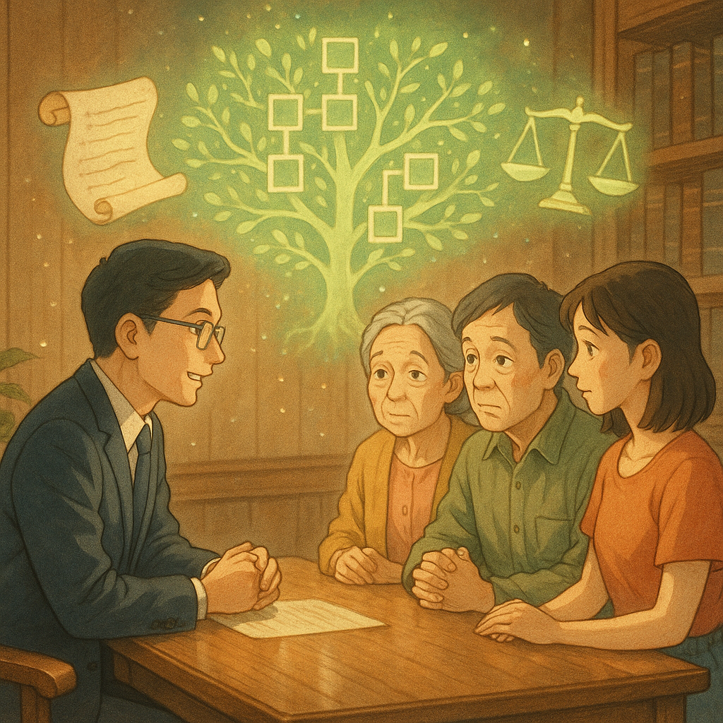吉卜力風格高解析插畫：柔和自然光與柔色調下，台灣人律師與家族表情細膩於溫暖木質事務所商談繼承。手繪質感中，發光家譜樹、浮動遺囑卷軸、天平與小屋符號環繞，微塵飄逸，寫實與奇幻平衡，無文字。