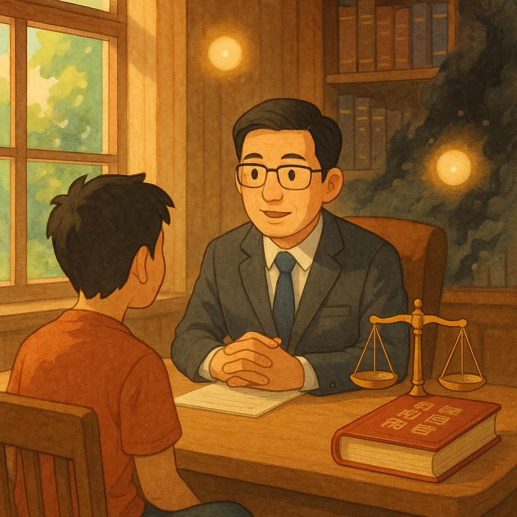 溫暖奇幻的手繪動畫風格:台灣人律師在木質書房柔和自然光下諮詢民眾,桌上天秤與法典象徵毒品危害防制條例,窗外綠蔭與破散的黑霧象徵戒治與防制,漂浮光球寓意常見問題,無文字。