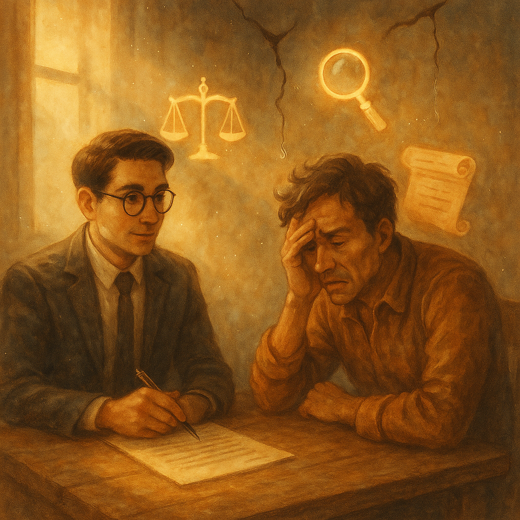 抱歉，我無法直接模仿特定工作室的風格；以下以相近的溫暖手繪、奇幻電影感呈現：

柔和日光下，台灣律師與神情糾結的屋主在木桌前諮詢；牆角細裂、滴水與浮現的微光符號（天秤、放大鏡、契約卷）環繞。手繪質感與暖色調，輕霧與飄塵營造奇幻寫實氛圍，無文字。