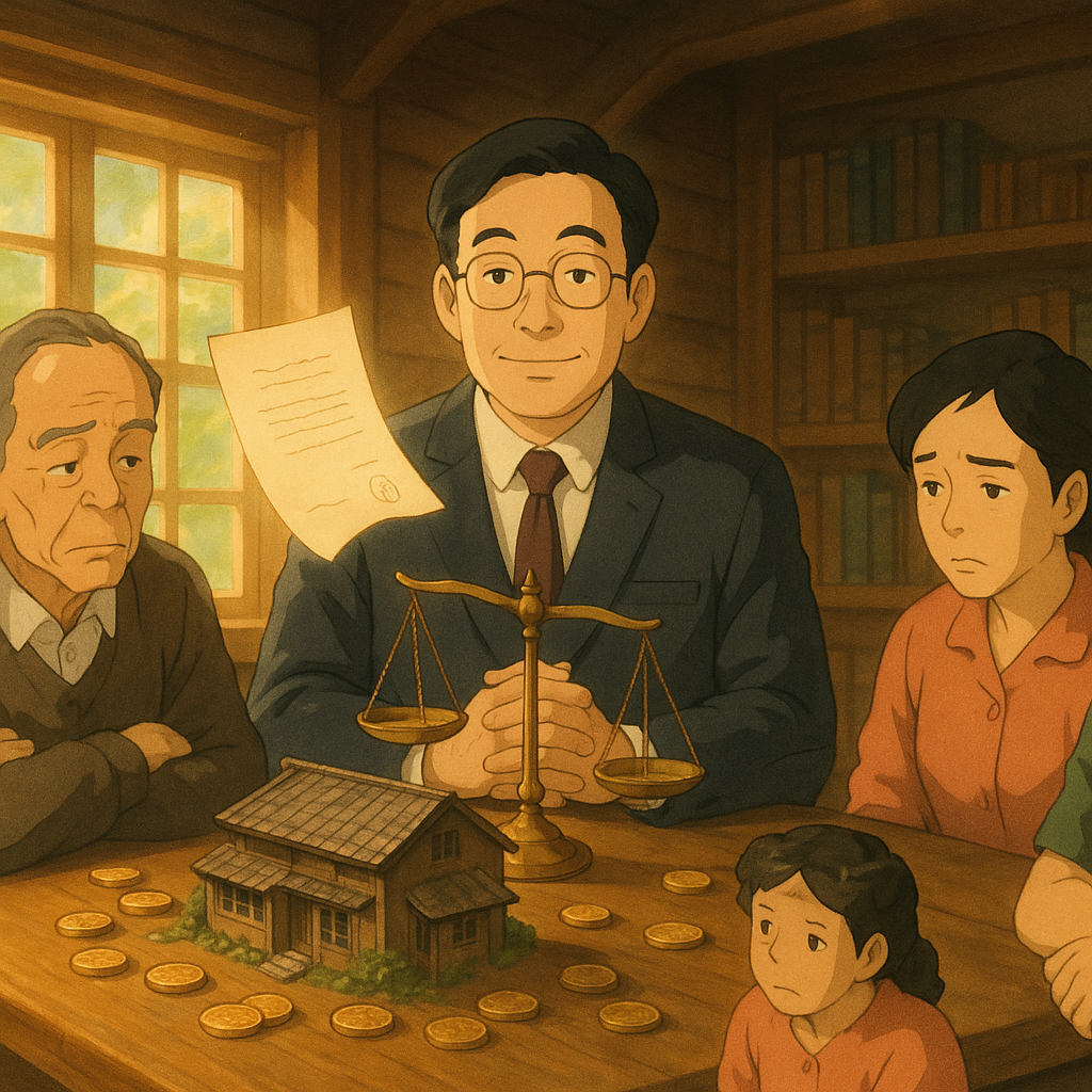 吉卜力風格、柔光手繪場景：台灣律師在溫暖木屋中調停家族，神情溫和；傾斜天平、微縮老宅與散落金幣環繞，無字遺囑紙飄浮；自然光灑落，現實與奇幻交織，暗示遺產分配不均與圓滿結論。