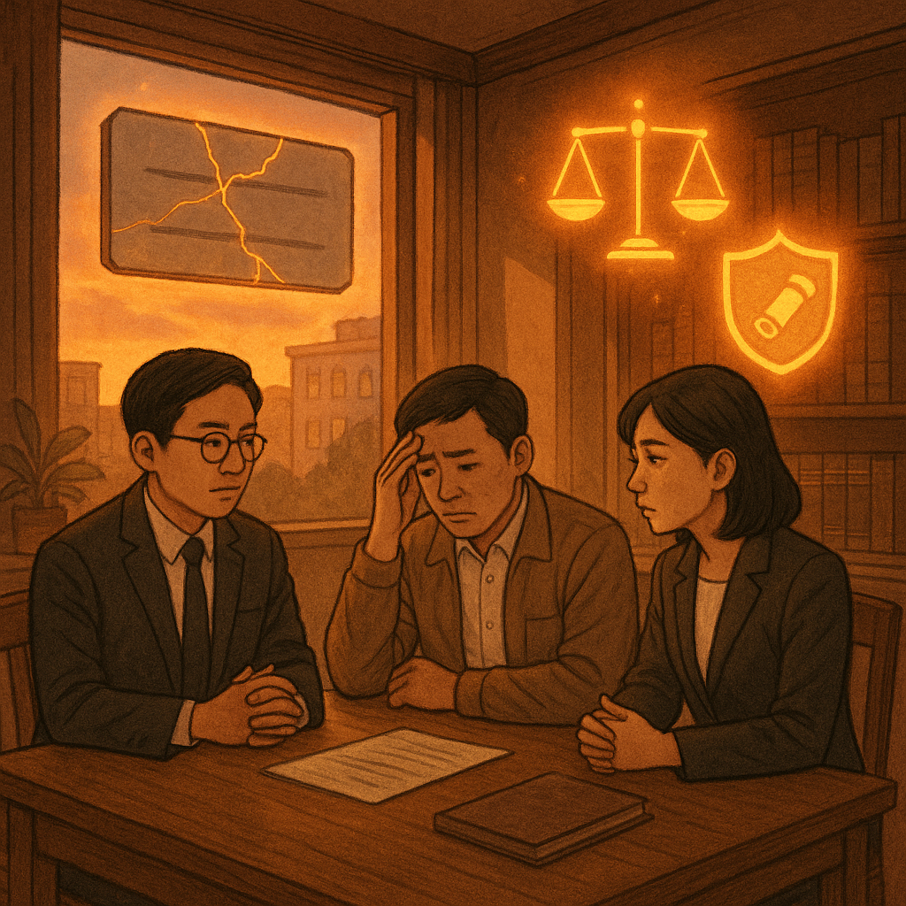 黃昏木質事務所內,兩位台灣人律師與憂心的台灣企業主圍桌相談;窗外柔光灑入,手繪質感溫暖。半透明無字招牌現出裂痕並以金線修復,旁有發光天秤、護盾與合約卷軸漂浮,象徵商譽受損與行動呼籲的修復與保護。