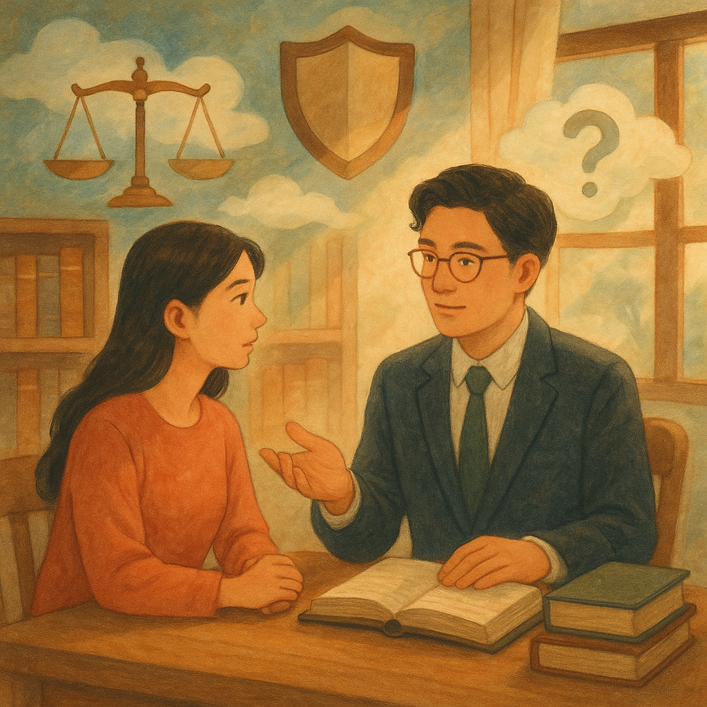 溫柔手繪、電影感的奇幻動畫風：台灣女性與台灣律師在木質律所諮詢，陽光灑入，天平與盾牌、放大鏡與問號形雲朵環繞，象徵性騷擾常見問題的保護與指引；無文字。