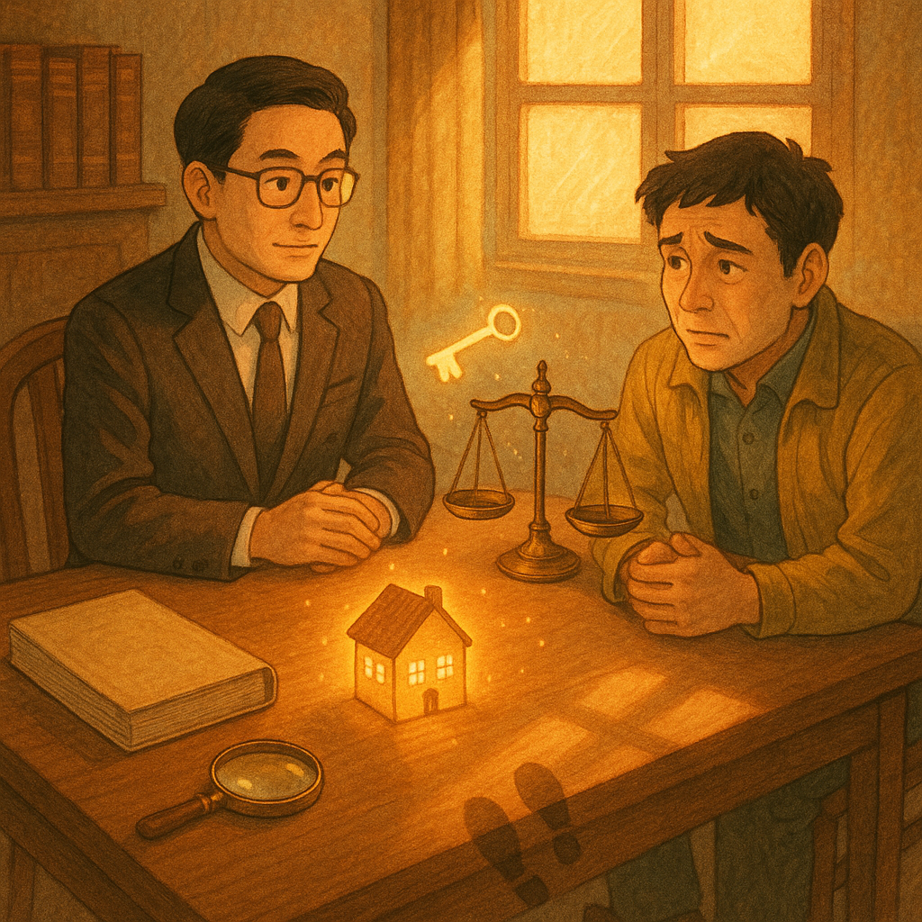 暖色手繪室內，台灣律師與當事人對坐諮詢、表情細膩；窗光柔和，桌上發光小屋、浮動鑰匙與天平象徵侵入住宅罪。角落有無字卷宗、放大鏡與足跡光影，吉卜力式溫暖奇幻質感，畫面無文字。