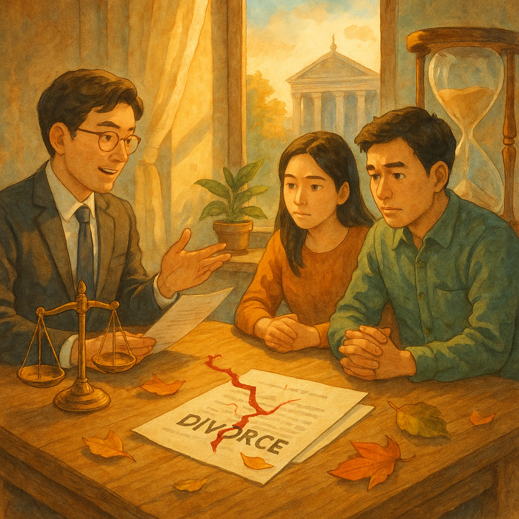 高解析吉卜力風暖色手繪場景：台灣人律師與一對台灣夫妻在木桌諮詢，柔光灑入。天平、破裂紅線與散落葉片化作法律文件，象徵離婚的風險與爭議；巨大的沙漏與遠處法院剪影提示延誤後果，細緻自然、魔幻而寫實。