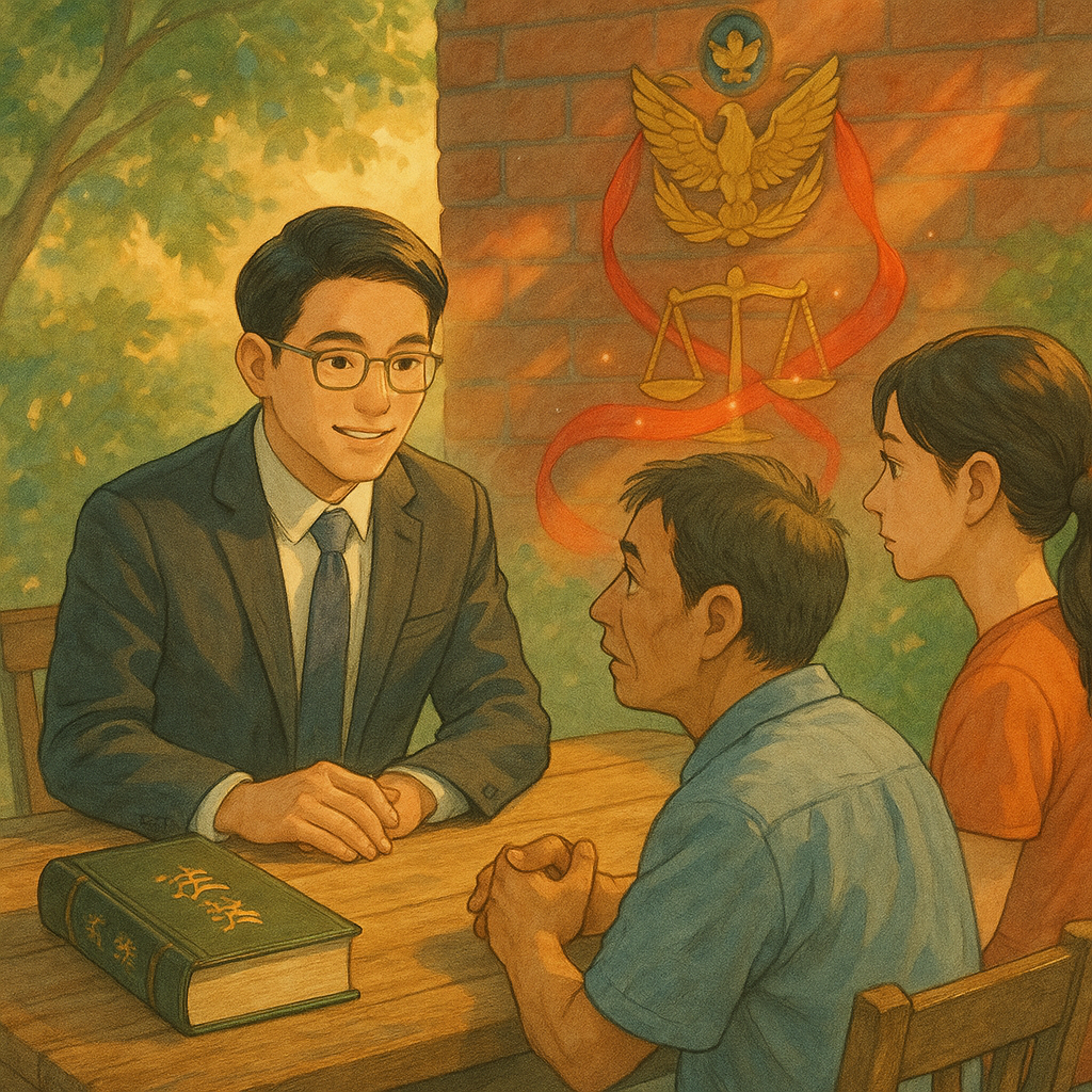 吉卜力風高解析電影感插畫,夕光下台灣律師與民眾在木桌諮詢,警徽與天秤、法典、透明紅色纏帶與微光象徵妨害公務正被解開;柔和色彩與自然光、手繪質感,人物表情專業溫暖,無文字。