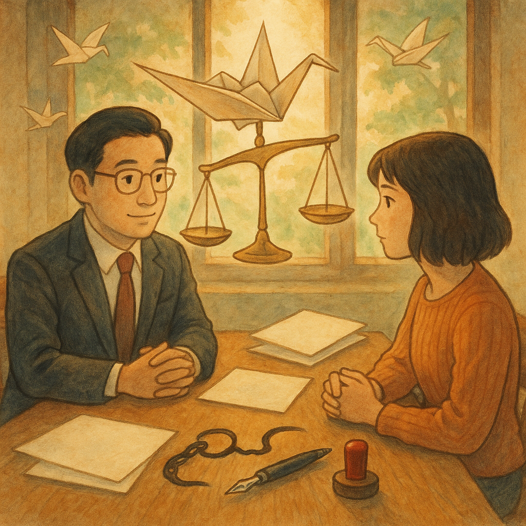 暖自然光下，台灣律師與當事人坐於木桌對談；漂浮的紙鶴化作天秤，墨跡筆影如手銬，空白文書與印章環繞，手繪質感、吉卜力式奇幻，無文字。