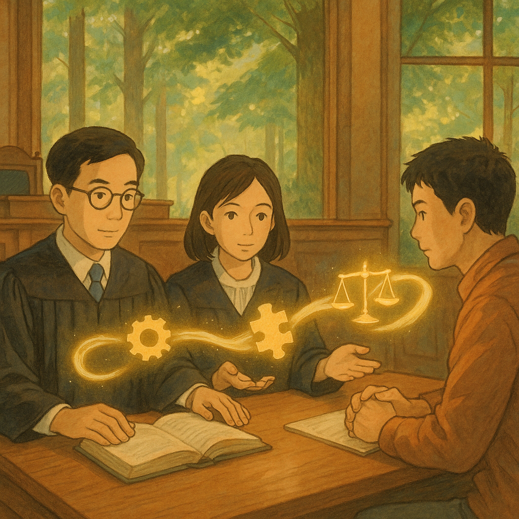 柔和自然光中，兩位台灣律師與當事人於木質桌前專注討論；掌間漂浮交織光帶、齒輪、拼圖與天平，連成一條路徑，象徵共同正犯之共同實行與責任連結。法庭場景融入溫暖森林，手繪質感、吉卜力式電影感，畫面無文字。