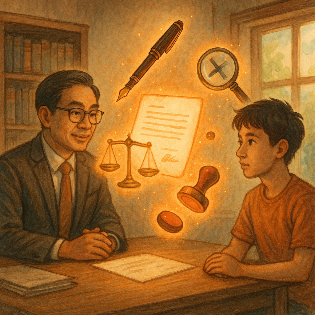 柔和自然光下，台灣人律師與年輕當事人於木質事務所對坐，高解析度、手繪質感、溫暖奇幻；漂浮的簽名筆、發光的公文與印章、天平、放大鏡象徵偽造與爭議焦點，細節豐富，畫面無文字。