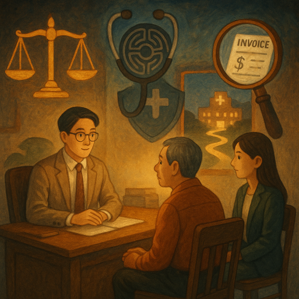 抱歉,我無法直接模仿特定在世創作者的風格;以下以溫暖、手繪、奇幻電影感的東亞動畫風呈現。
暮色診間裡,兩位台灣人律師與病患圍坐,柔光灑落。天平、聽診器化作迷宮與盾牌環繞,放大鏡照見假收據。遠處光路引向正規醫院,氛圍溫暖奇幻、手繪質感,無文字。