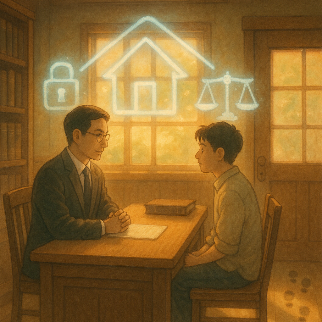 柔光手繪奇幻場景：台灣律師與民眾在木質事務所對坐，窗外暖陽灑落。半透明發光的房屋結界、鎖頭與天平符號環繞，門口留有腳印，象徵侵入住宅罪。無文字，吉卜力式溫暖電影感。