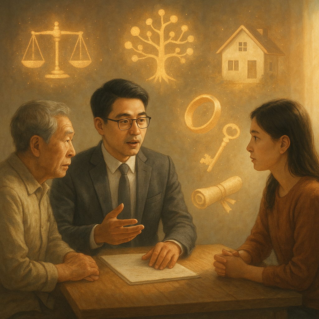 高解析度、柔光手繪風情境中，台灣人律師與長輩、年輕家屬圍坐諮詢；天光灑落，漂浮的天平、家譜樹、房屋與戒指、鑰匙與遺囑卷軸化作暖色光粒，象徵繼承常見疑問；寫實與奇幻交織、質感細膩、無文字。