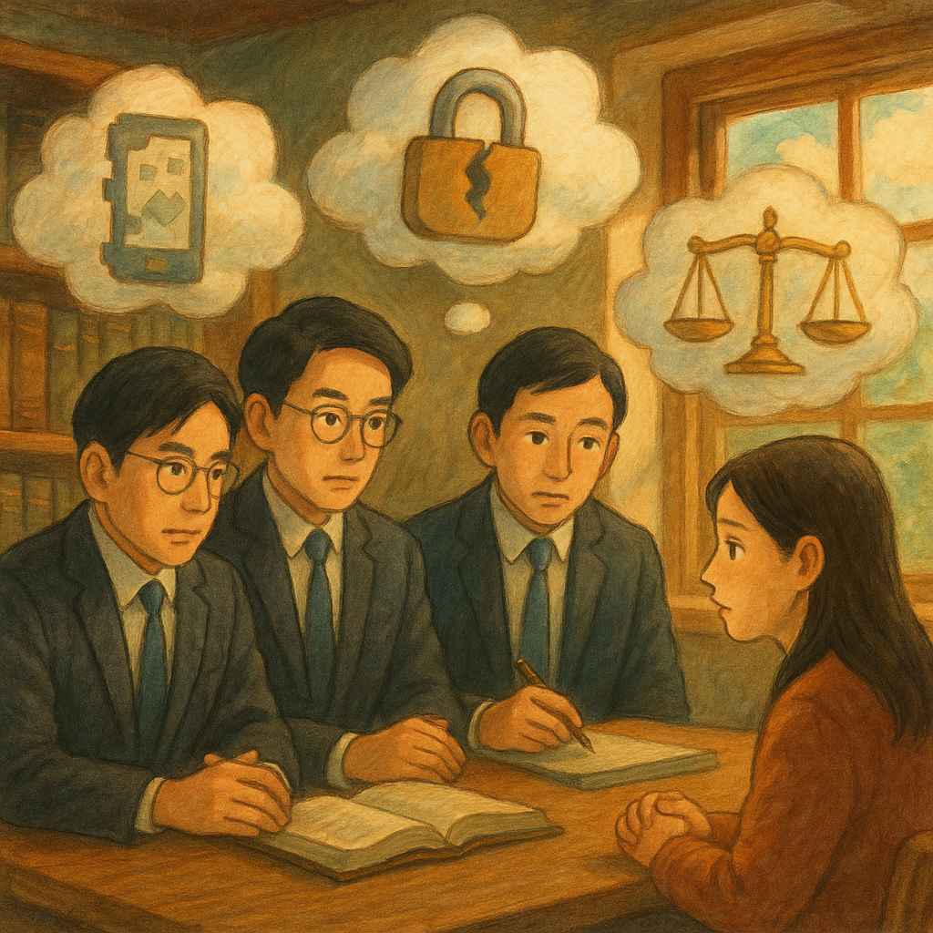 柔和自然光下的木質律師事務所，兩位台灣人律師與當事人沉穩對談，表情細膩；漂浮的雲與像素化手機、破損鎖頭與天秤象徵散布私密影像的爭議與法律保護，吉卜力風手繪質感，溫暖奇幻，畫面無文字。