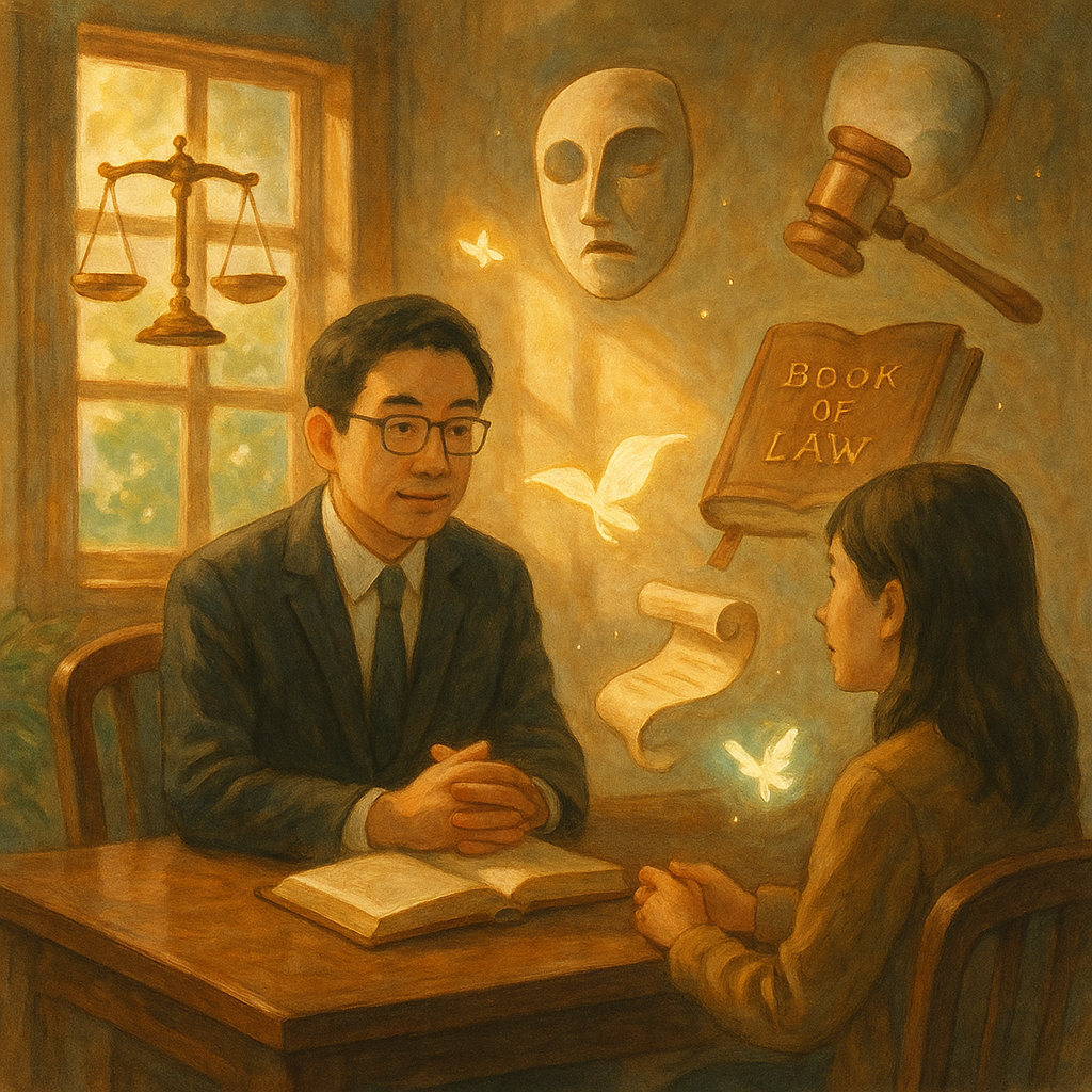 自然光灑入木質諮詢室,台灣律師與當事人對坐交流,柔和手繪質感與電影感。周圍漂浮天秤、法槌、誓言之書與裂面具等象徵,卷軸化作光蝶,回應常見疑惑,寓意偽證與真實抉擇,吉卜力般溫暖魔幻,無文字。