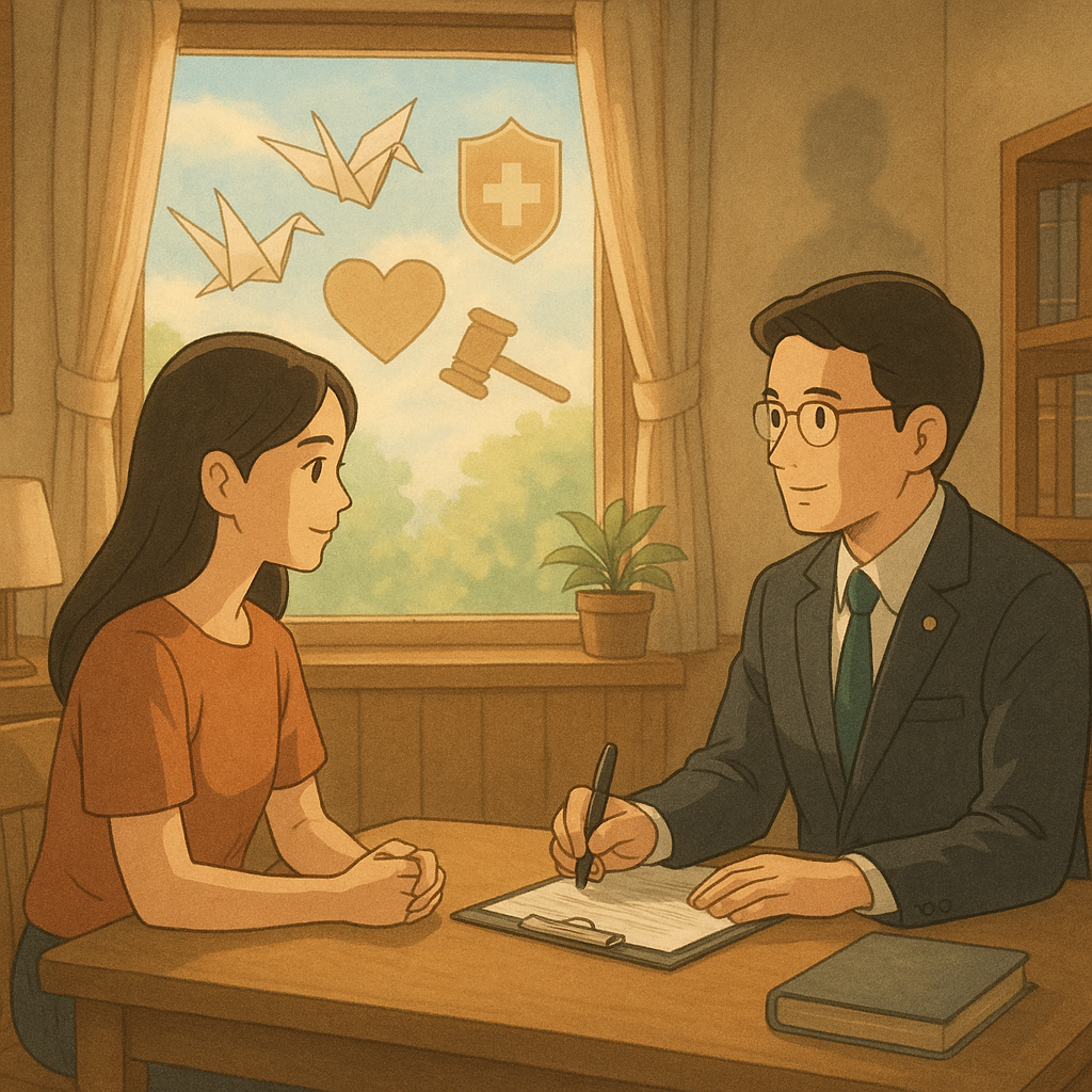 吉卜力風格的柔光場景：台灣女性與法律顧問在溫暖木質諮詢室對坐，表情專注而安心。窗外飛舞的紙鶴化作盾牌、心形與法槌圖像，象徵保護與求助。角落淡淡人形陰影漸散。手繪質感、自然色調、無文字。