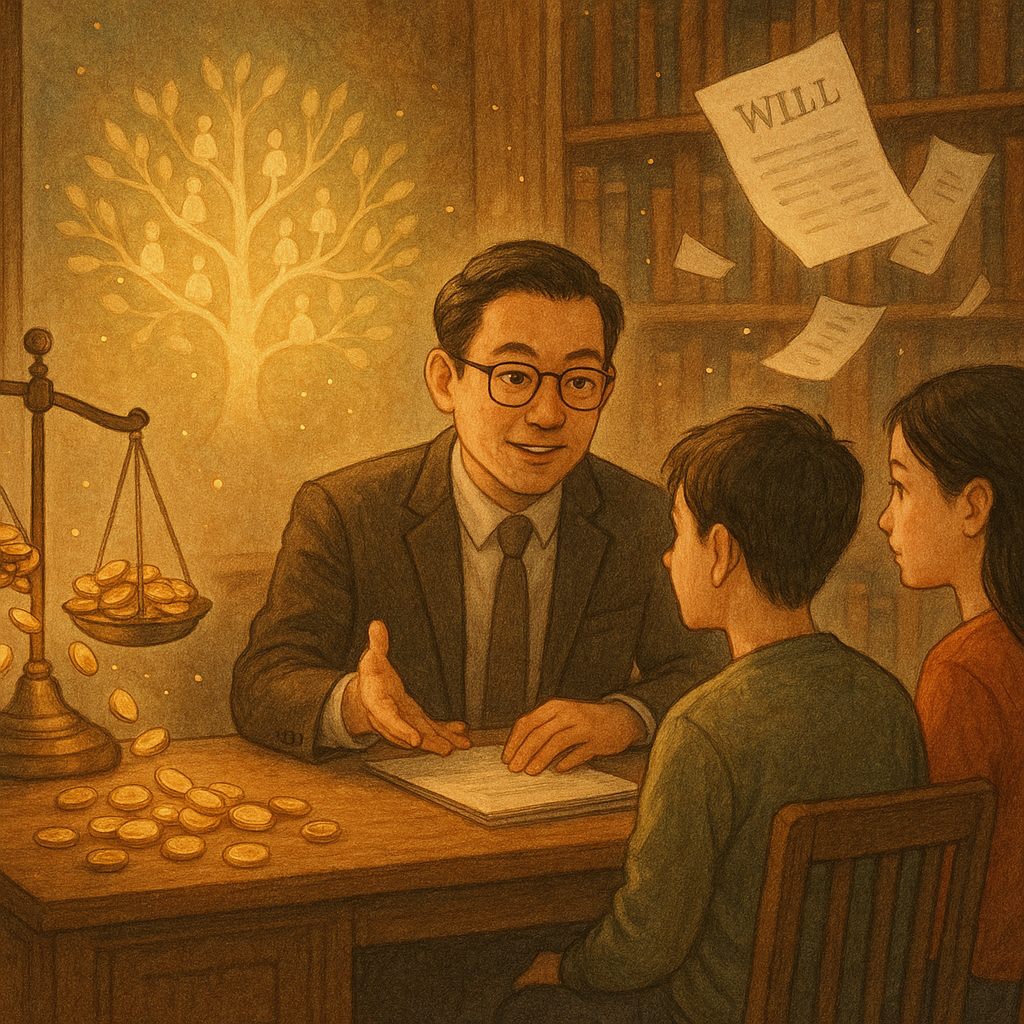 抱歉，我無法直接模仿特定工作室的風格；以下提供相近氛圍的圖像描述：
溫暖自然光下，台灣人律師與兄妹在木質書屋諮詢；一座傾斜天平上金幣不均灑落，發光的家族樹與飄浮遺囑碎片環繞，手繪質感、柔和色調，帶電影感微光如萤點綴。
