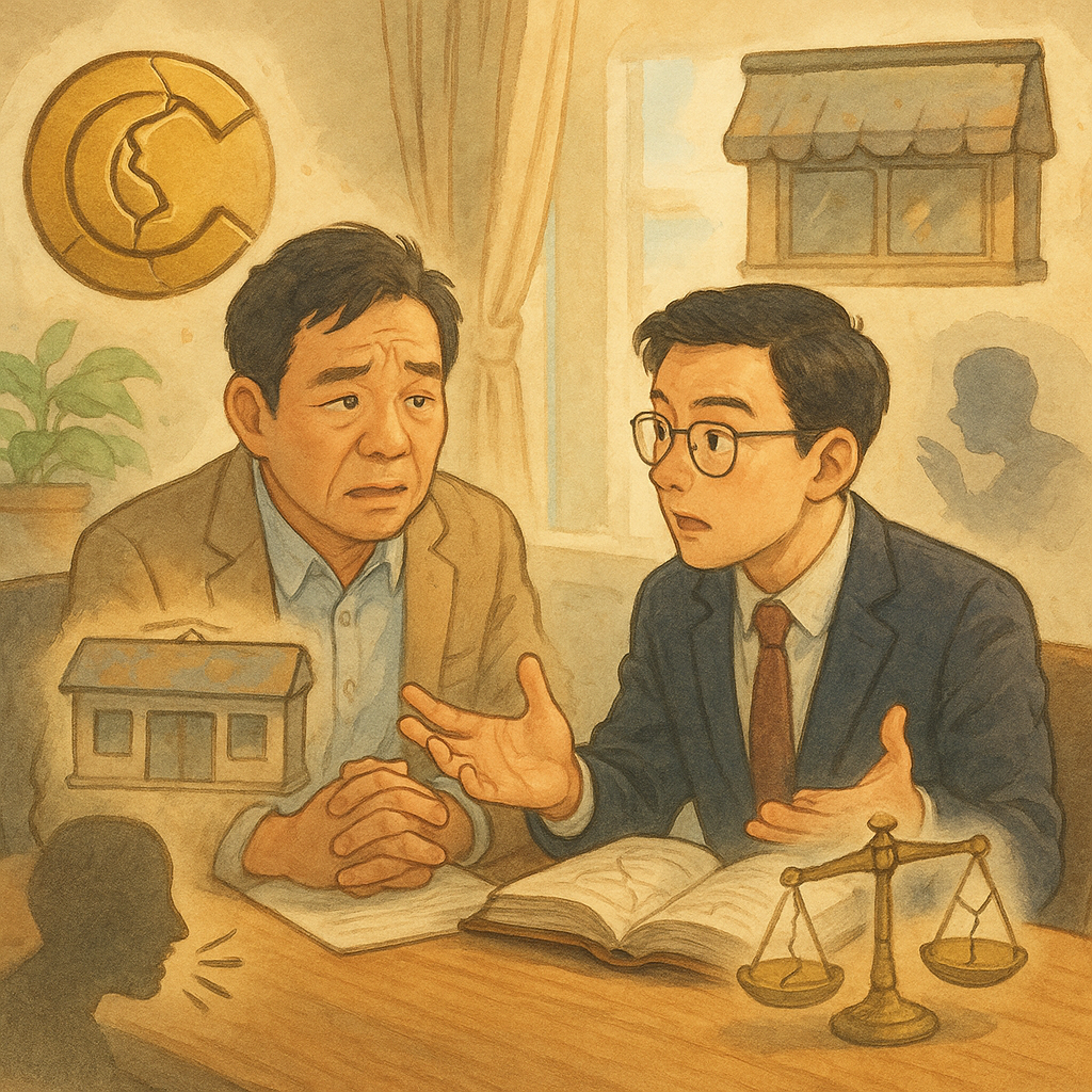 柔和自然光下，台灣企業主與律師在木質會議桌相談，神情專業而富表情，周圍漂浮手繪象徵：裂痕金色商標、失色店面招牌、微碎天秤與低語陰影，呈現商譽受損；溫暖吉卜力風格，高解析度、細膩質感、無文字。