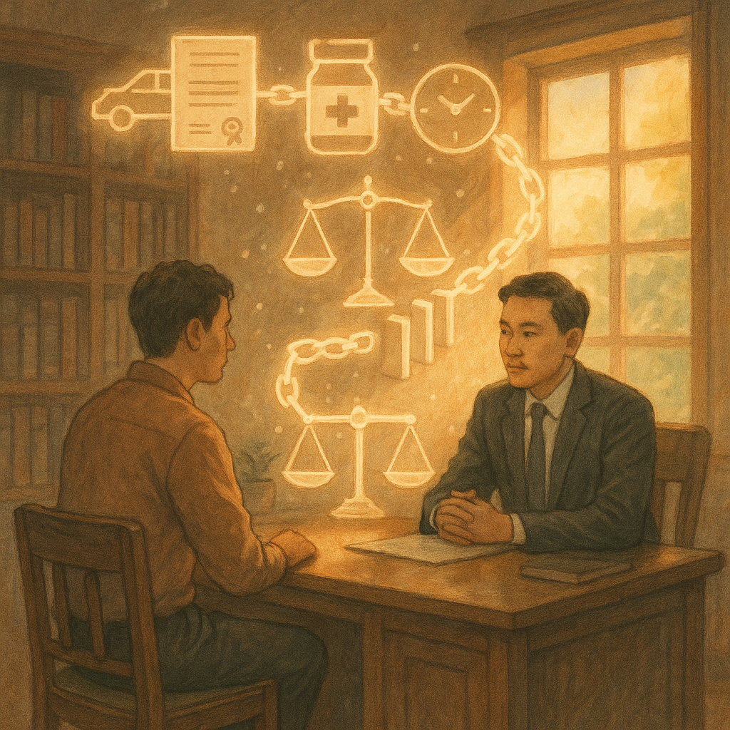 溫暖日光灑入木質事務所,台灣律師與民眾對坐,神情專注。半透明發光鏈條自案件場景圖示——車禍、合約、藥瓶、時鐘——相連,化作天秤與多米諾,漂浮微塵如精靈。手繪質感、柔色、電影感構圖、無文字。