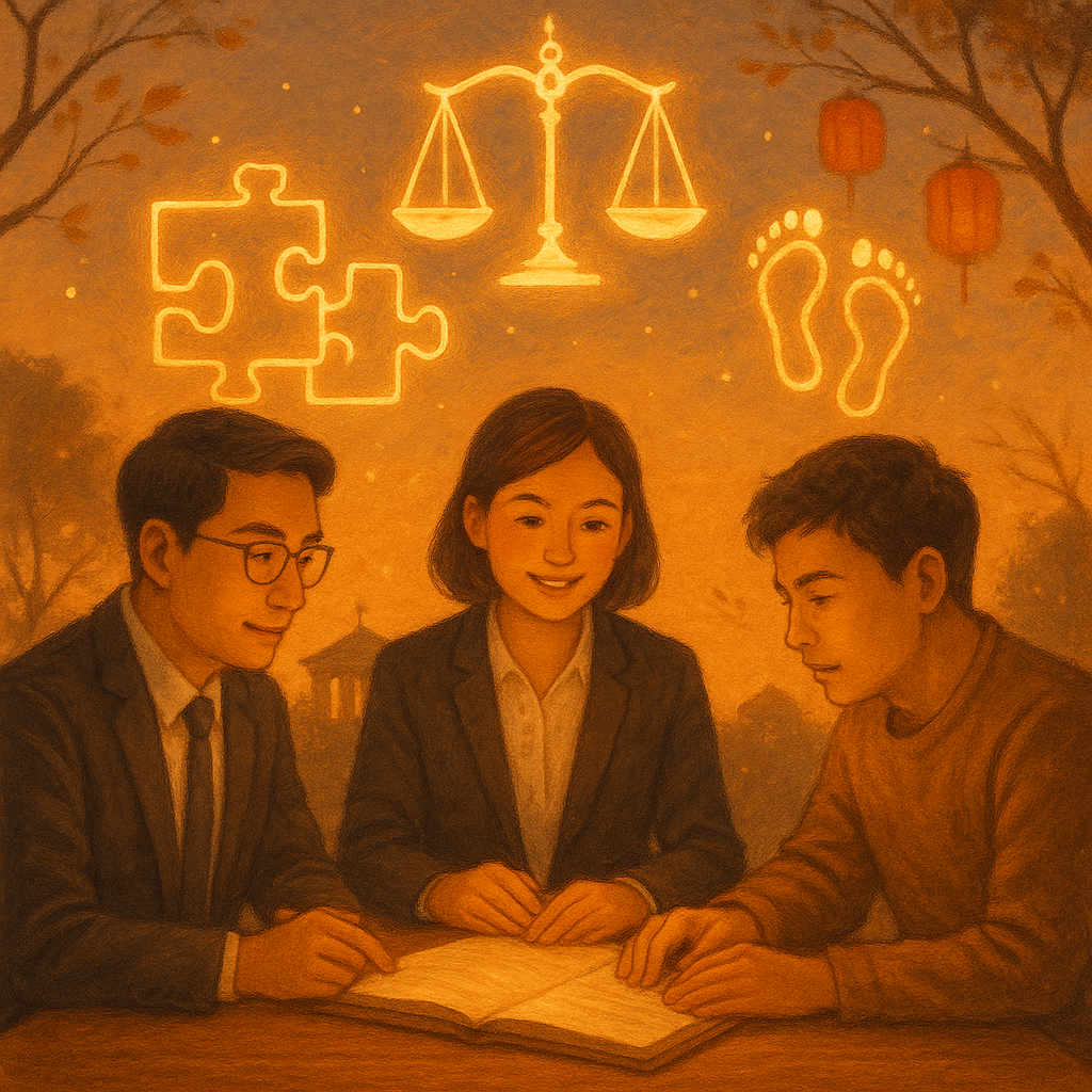 抱歉，我無法直接採用特定工作室的風格；以下是相近氛圍的圖片描述：

黃昏柔光下，兩位台灣律師與當事人圍桌討論，共握卷宗；頭頂漂浮發光天秤、相扣拼圖與交織足跡，微光粒子環繞；遠處法院剪影與燈籠引路，枝葉微動、手繪質感溫暖無字。