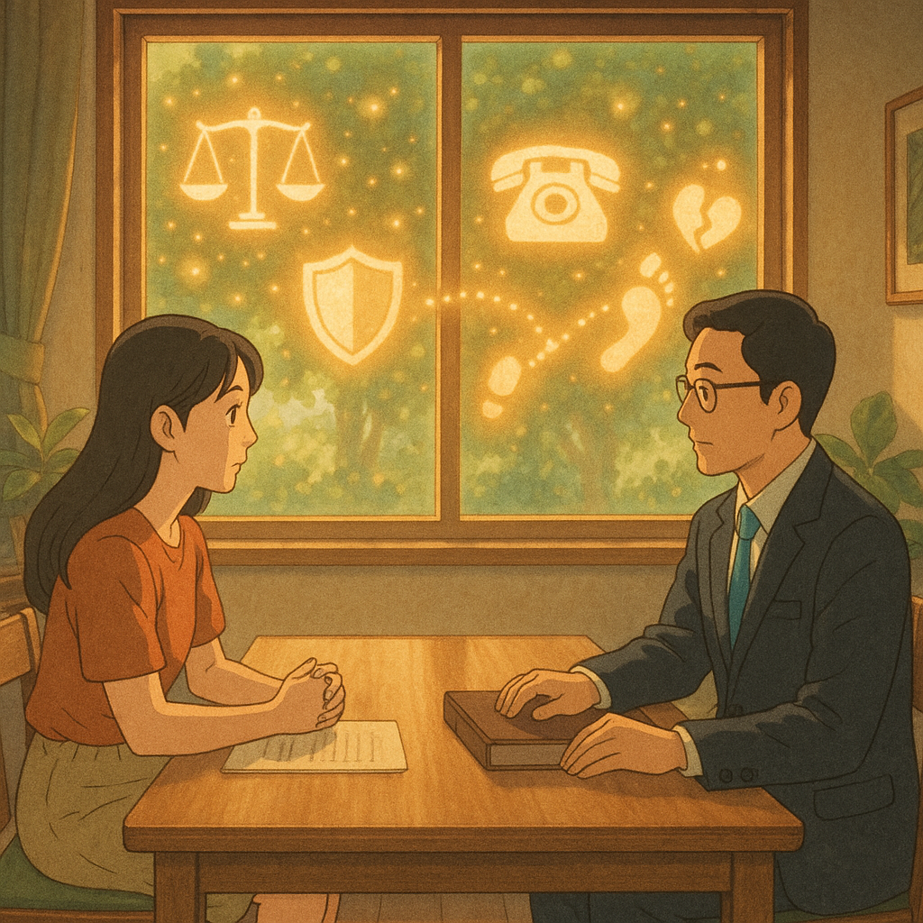 吉卜力風高解析手繪：溫暖自然光下，台灣女子與台灣法律顧問在會談室相對而坐；窗外如夢光點化作天平、盾牌、電話、破裂心形與足跡等發光符號，指引報案、保存證據與求助的行動路徑；畫面電影感、柔和細膩、無文字。